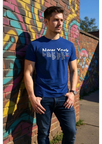 Erkek Slim Fit Dijital New York Baskılı Pamuklu T-Shirt