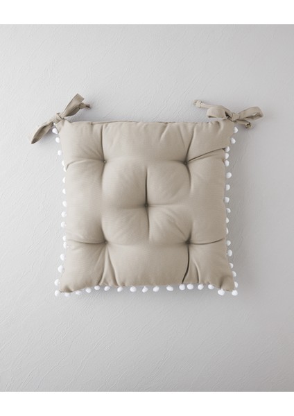 Puff Ponponlu Tekli Sandalye Minderi 40X40 cm Bej