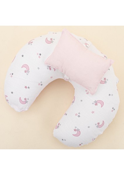 Elite Müslin Çift Taraflı Emzirme Yastığı ve Küçük Yastığı - Bebe Pembe Muslin - Pembe Ay 1 Adet