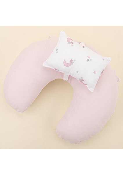 Elite Müslin Çift Taraflı Emzirme Yastığı ve Küçük Yastığı - Bebe Pembe Muslin - Pembe Ay 1 Adet
