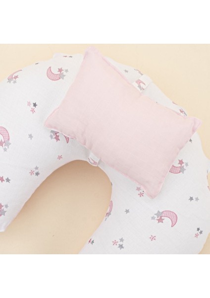 Elite Müslin Çift Taraflı Emzirme Yastığı ve Küçük Yastığı - Bebe Pembe Muslin - Pembe Ay 1 Adet