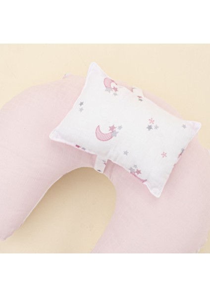 Elite Müslin Çift Taraflı Emzirme Yastığı ve Küçük Yastığı - Bebe Pembe Muslin - Pembe Ay 1 Adet