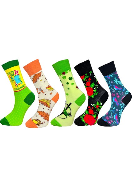 5'li Unisex Esnek Dekoratif Çiçek ve Yaprak Desenli Karışık Renkli Nefes Alabilen Soket Çoraplar