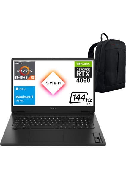 Omen 17-DB0004NT Amd Ryzen 9 8945HS 32GB 1tb SSD RTX4060 17.3" Fhd 144Hz Windows 11 Home Taşınabilir Bilgisayar A1WN3EA - Webzone Çanta Wz3