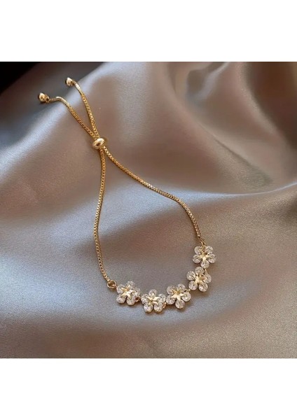 Flower Zirkon Taşlı Asansörlü Ayarlanabilir Şık Altın Renkli Gold Bileklik fiyatları