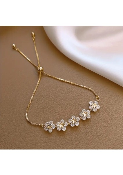 Flower Zirkon Taşlı Asansörlü Ayarlanabilir Şık Altın Renkli Gold Bileklik modelleri