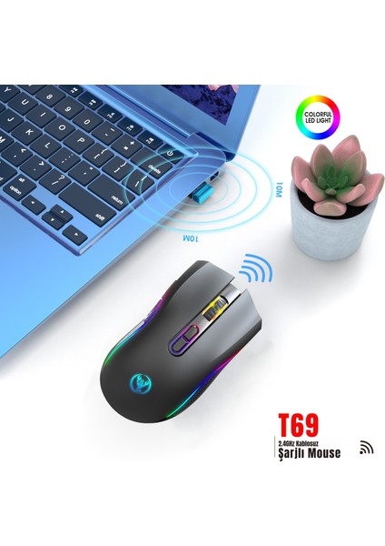 T69 Kablosuz Rgb 4800 Dpı Oyuncu Mouse - 650 Mah Yüksek Kapasiteli Batarya