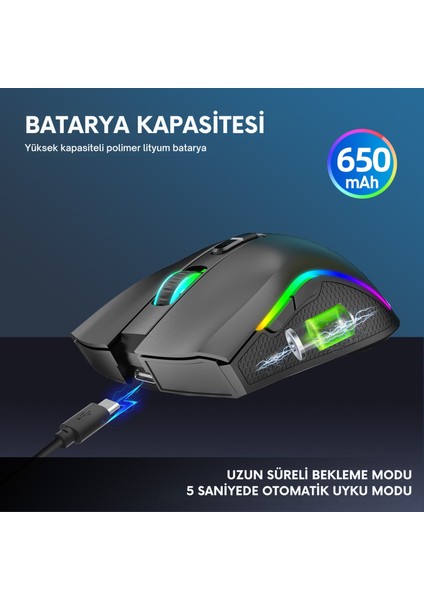 T69 Kablosuz Rgb 4800 Dpı Oyuncu Mouse - 650 Mah Yüksek Kapasiteli Batarya