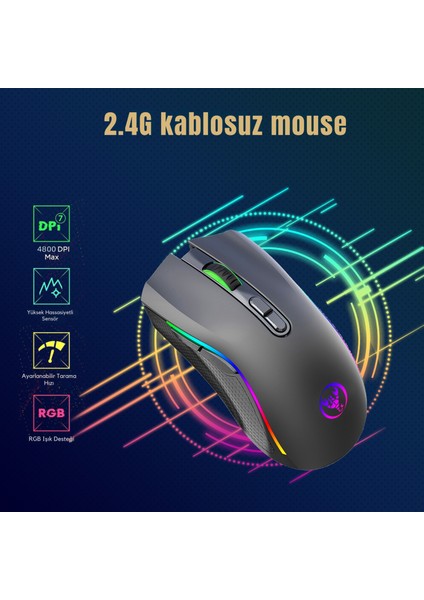 T69 Kablosuz Rgb 4800 Dpı Oyuncu Mouse - 650 Mah Yüksek Kapasiteli Batarya