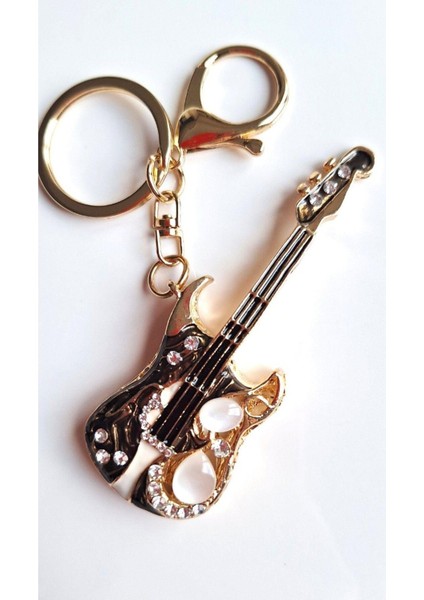 Lüks Hediyelik Zirkon Taşlı Büyük Boy Gitar Anahtarlık - Çanta Süsü 10 cm