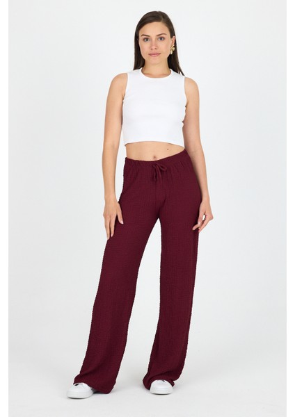 Bordo Geniş Paça Dökümlü Bürümcük Kumaş Pantolon 326
