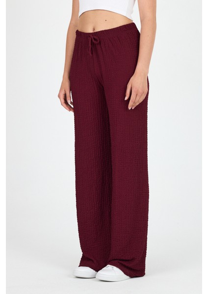 Bordo Geniş Paça Dökümlü Bürümcük Kumaş Pantolon 326 modelleri