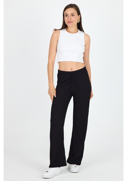 Siyah Geniş Paça Dökümlü Bürümcük Kumaş Pantolon 326