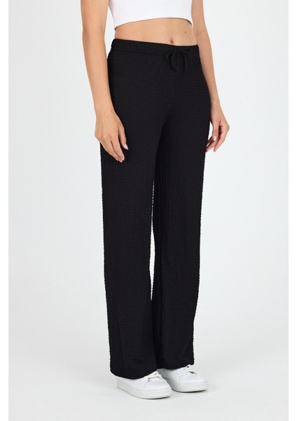 Siyah Geniş Paça Dökümlü Bürümcük Kumaş Pantolon 326 modelleri