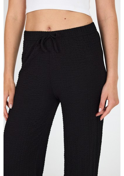 Siyah Geniş Paça Dökümlü Bürümcük Kumaş Pantolon 326 fırsatları