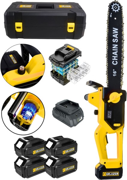 2 Adet Şarj Cihazli Otomatik Yağlama Şarjli 16 Inch Odun Kesme Makinesi-Sarı