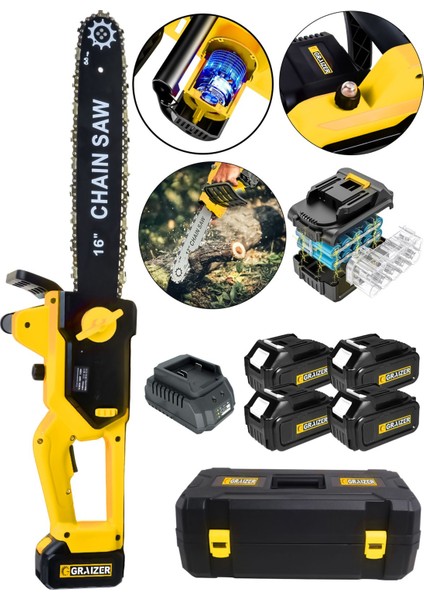 2 Adet Şarj Cihazli Otomatik Yağlama Şarjli 16 Inch Odun Kesme Makinesi-Sarı