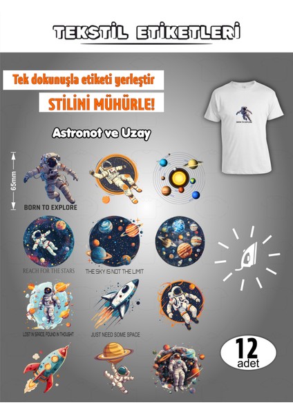 Ütü ile Yapışan Kıyafet Etiketi Astronot ve Uzay 12LI Set
