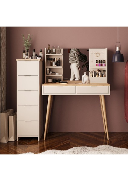 T4060 Bella 5+2 Çekmeceli Makyaj Masası Seti Kumtaşı Sepet – Raflı Ayna, Takı Askılı, Ahşap Ayaklı