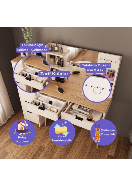 T4060 Bella 5+2 Çekmeceli Makyaj Masası Seti Kumtaşı Sepet – Raflı Ayna, Takı Askılı, Ahşap Ayaklı fiyatları