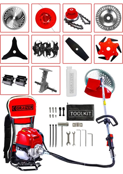Powerforge 11 Başlıklı Set Sırt Tipi Benzinli Motorlu Ot Çalı Tırpanı Çim Biçme Makinesi Tırpan-Krmz