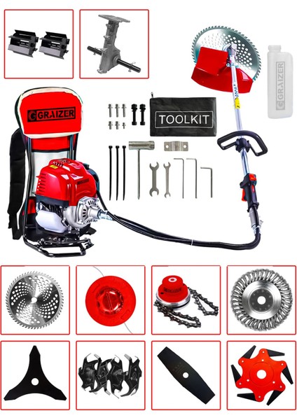 Powerforge 11 Başlıklı Set Sırt Tipi Benzinli Motorlu Ot Çalı Tırpanı Çim Biçme Makinesi Tırpan-Krmz