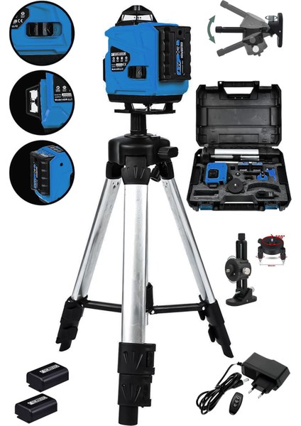 Powerforge Profesyonel 360° 16 Köşe Otomatik Hizalama Tripod'lu Lazer Metre Hizalama-Mavi