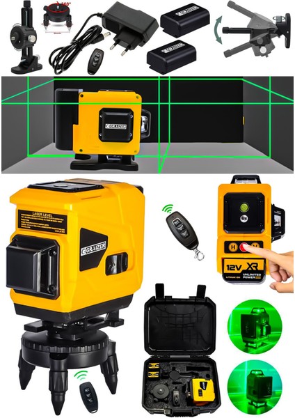 Powerforge 360° 12 Köşe Otomatik Hizalamalı Yeşil Çizgili Su Terazili Lazer Metre Hizalama-Sarı
