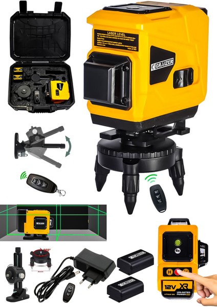 Powerforge 360° 12 Köşe Otomatik Hizalamalı Yeşil Çizgili Su Terazili Lazer Metre Hizalama-Sarı