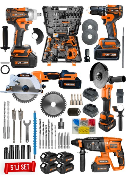 Powerforge Profesyonel Kömürsüz 4 Bataryalı Çelik Şanzıman 5'li Set Sunta Kesmeli-Turuncu