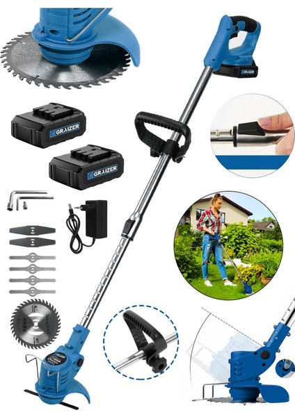 Pro Kızaklı Uzatma Kollu Akülü Ot Çalı Çim Biçme Şarjlı Tırpan-Mavi