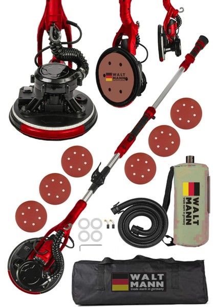 360'LEDLI 850W Pro Alçıpan Duvar Zımpara Makinası Toz Emmeli Kırmızı