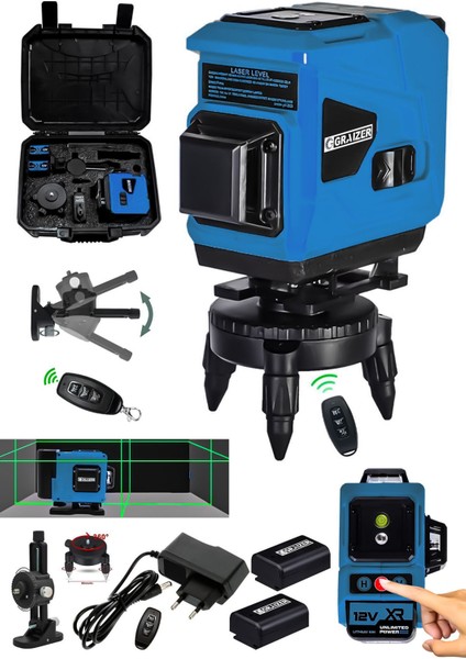 Powerforge 360° 12 Köşe Otomatik Hizalamalı Yeşil Çizgili Su Terazili Lazer Metre Hizalama-Mavi