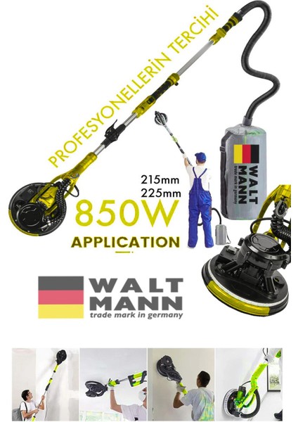Germany 360'LEDLI 850W Pro Alçıpan Duvar Zımpara Makinası Toz Emmeli Sarı