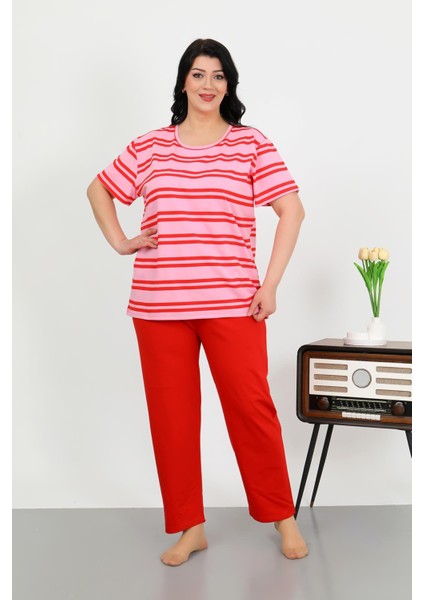 Kadın Büyük Beden Kısa Kol Penye Pijama Takımı Kırmızı 202505