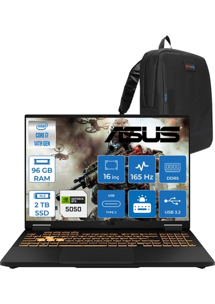 Tuf Gaming F16 FX608JHR 14. Nesil Intel I7-14650HX 96GB Ddr5 2tb SSD 8GB/RTX5050 115W 165Hz 16"wuxga Fhd+ 300NITS IPS Freedos Gaming Bilg. WRV055F29+ZETTAÇANTA