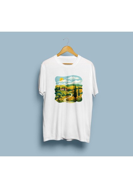 Oversize Ev / Ağaç / Güneş ve Yol Çizim Eskitme Tasarım Unisex T-Shirt