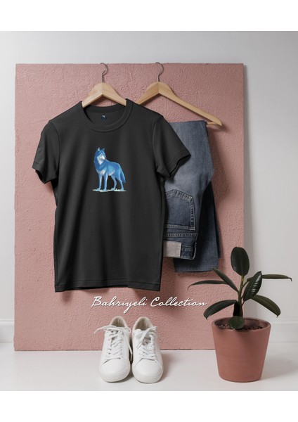 Oversize Karikatür Tarzında Mavi Kurt Hayvan Illüstrasyonu Tasarımlı Unisex T-Shirt