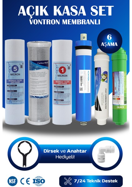 Açık Kasa Su Arıtma Cihazı Filtresi Vontron Membranlı 6 Aşama Filtre Seti (Çift Karbon)
