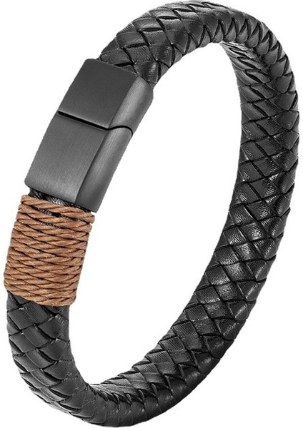 Erkekler Için Tek Halkalı Bilezik, Yumuşak Deri Örgülü Metal Tokalı Moda Takı Bileziği (Yurt Dışından)