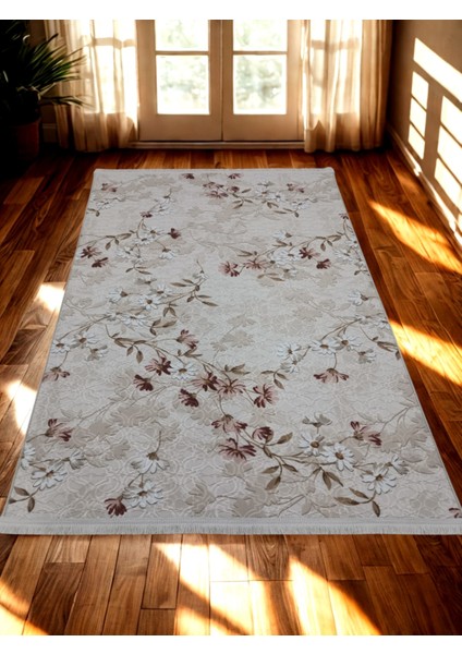 Elit Saçaklı Pembe Kahve Çiçekli Kabartmalı Kaymaz Taban Yıkanabilir Kesme Yolluk Halı