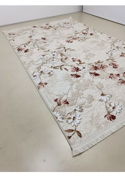 Elit Saçaklı Pembe Kahve Çiçekli Kabartmalı Kaymaz Taban Yıkanabilir Kesme Yolluk Halı modelleri