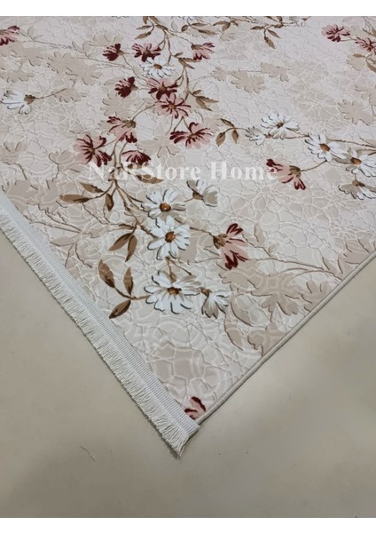 Elit Saçaklı Pembe Kahve Çiçekli Kabartmalı Kaymaz Taban Yıkanabilir Kesme Yolluk Halı fırsatları