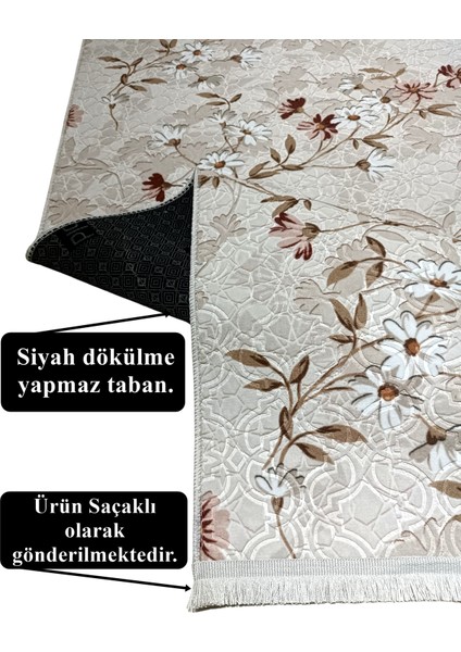 Elit Saçaklı Pembe Kahve Çiçekli Kabartmalı Kaymaz Taban Yıkanabilir Kesme Yolluk Halı