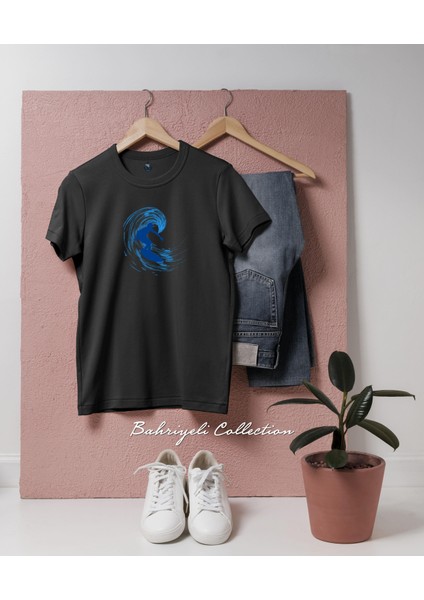Oversize Blue Surfer Illustration With Wave Tasarımlı Unisex T-Shirt