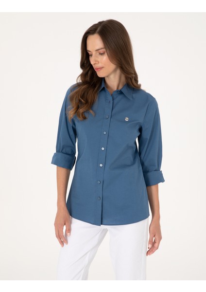 Kadın Açık Indigo Slim Fit Uzun Kollu Gömlek 50313589-VR073