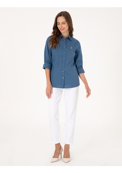 Kadın Açık Indigo Slim Fit Uzun Kollu Gömlek 50313589-VR073
