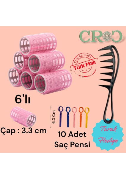 1202 Pembe Cırtlı Bigudi 6'lı Çap 3,3 cm +10'lu Plastik Saç Pensi