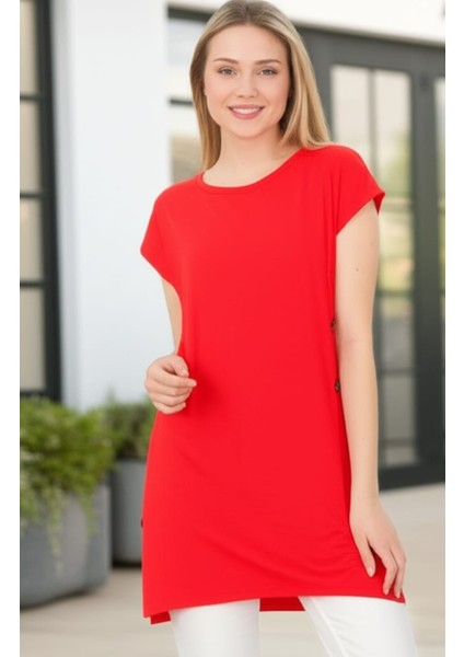 Cap Sleeve Dekoratif Yandan Düğme Detaylı Bluz