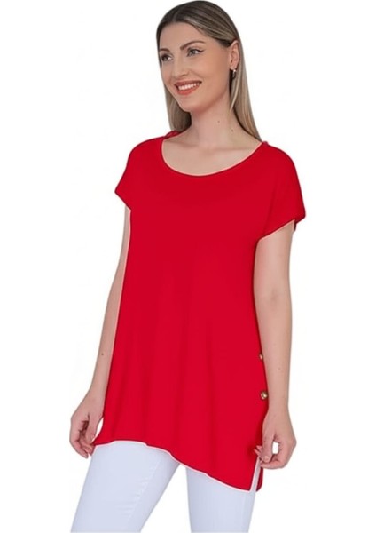 Cap Sleeve Dekoratif Yandan Düğme Detaylı Bluz fırsatları